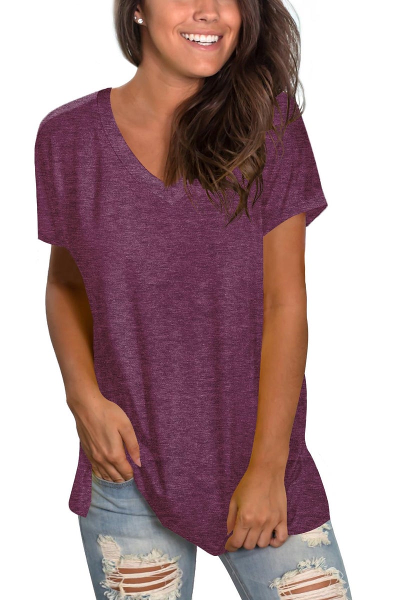 Sipaya Casual V Neck T Shirts for Women Short Sleeve Plain T-Shirts Fuchsia 2XL - Image 2